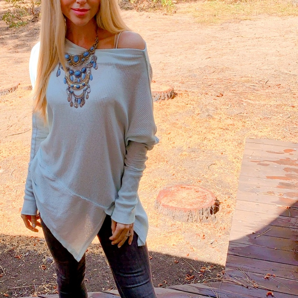 Free People light blue, soft, off the shoulder pull over